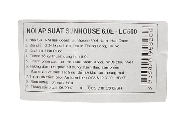 Nồi áp suất cơ Sunhouse LC600 6 lít Màu Đen