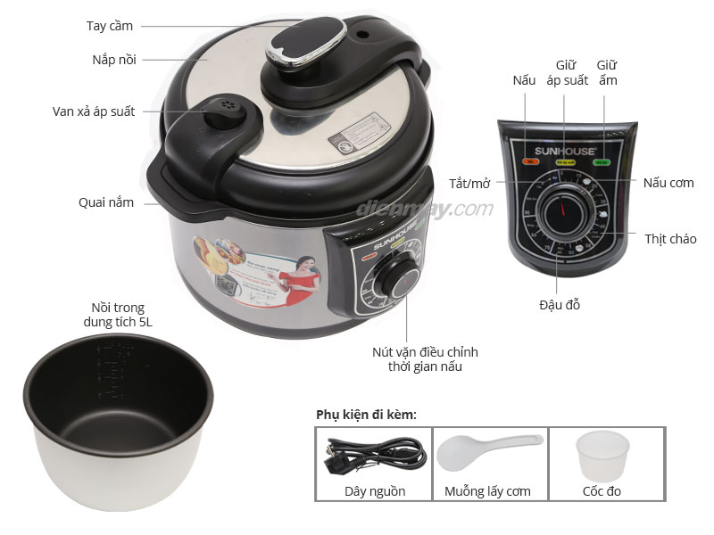 Thông số kỹ thuật Nồi áp suất điện tử Sunhouse SH1650 5.0 lít