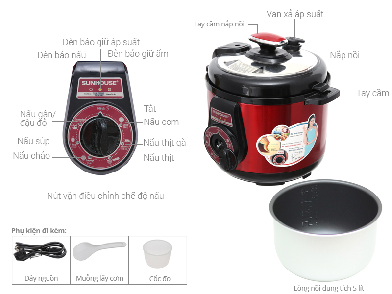 Thông số kỹ thuật Nồi áp suất điện Sunhouse SHD-1552 5 lít