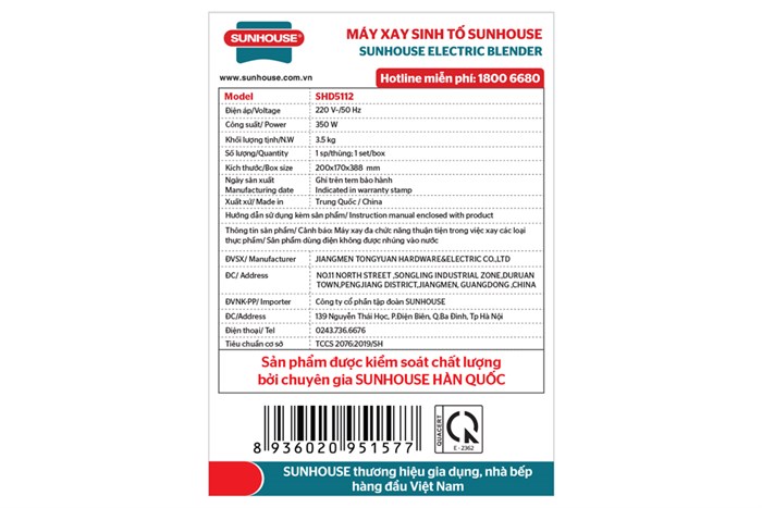 Máy xay sinh tố đa năng Sunhouse SHD 5112 Xanh Màu Xanh lá