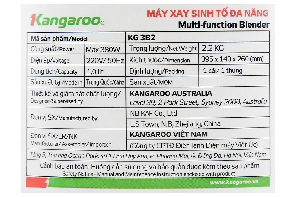 Máy xay sinh tố đa năng Kangaroo KG3B2 Màu Đen