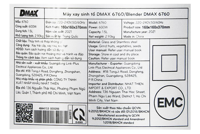 Máy xay sinh tố DMAX 6760 Màu Bạc Inox