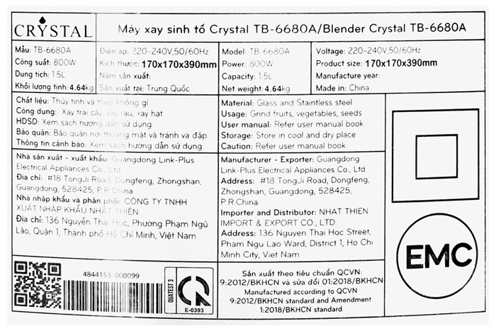 Máy xay sinh tố đa năng Crystal TB-6680A Màu Bạc Inox