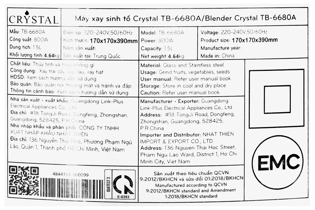 Máy xay sinh tố Crystal TB-6680A