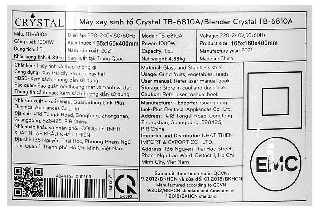 Bán máy xay sinh tố Crystal TB-6810A
