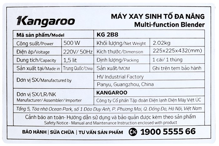 Máy xay sinh tố đa năng Kangaroo KG2B8 Màu Đen