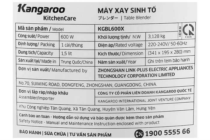 Máy xay sinh tố Kangaroo KGBL600X Màu Inox