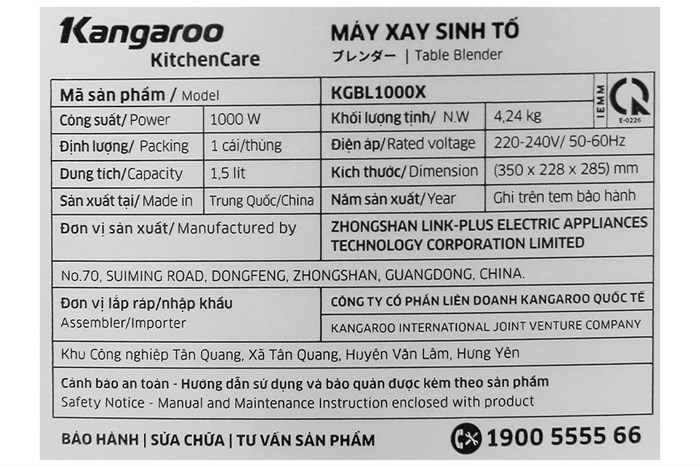 Máy xay sinh tố Kangaroo KGBL1000X Màu Inox