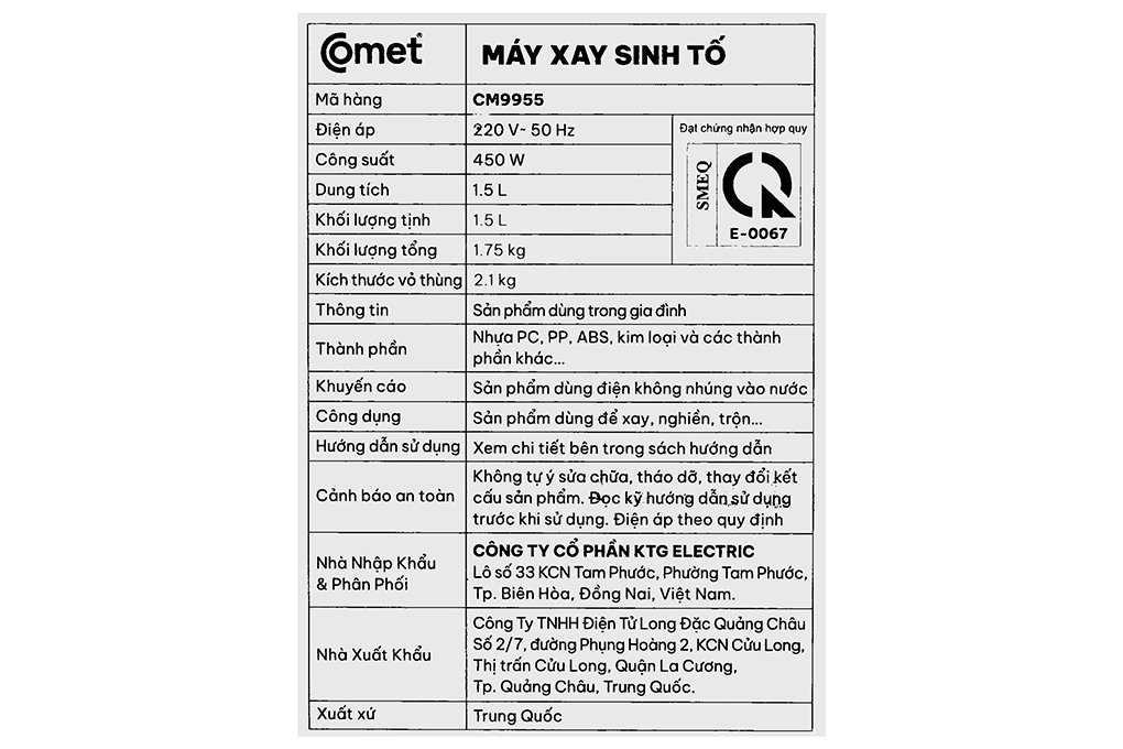 Máy xay sinh tố đa năng Comet CM9955 Màu Trắng - Cam