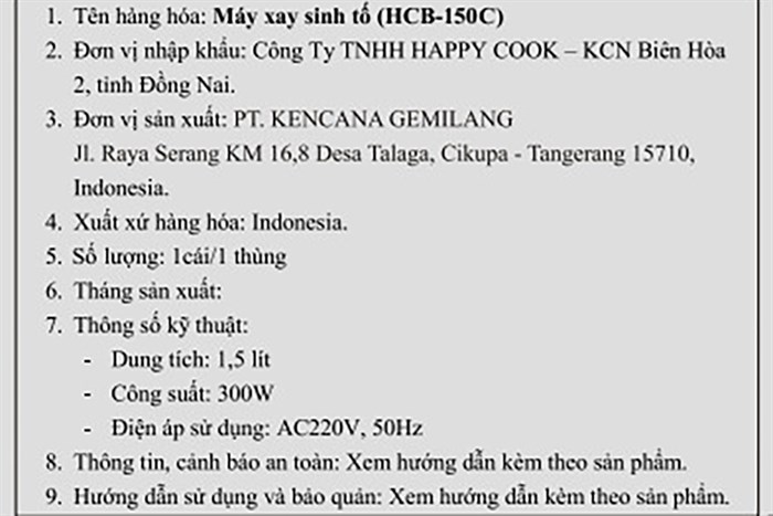 Máy xay sinh tố đa năng Happycook HCB-150C Màu Trắng - Đen