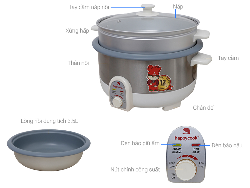 Thông số kỹ thuật Nồi lẩu điện Happycook HCHP-350ST 3.5 lít