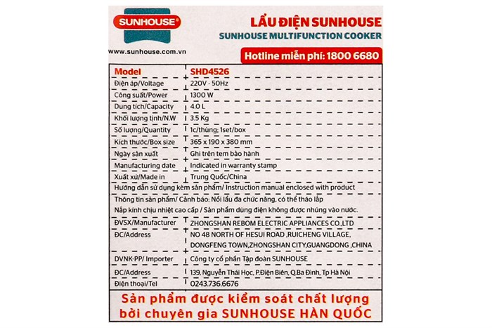 Nồi lẩu điện Sunhouse SHD4526 4 lít Màu Xám - đồng