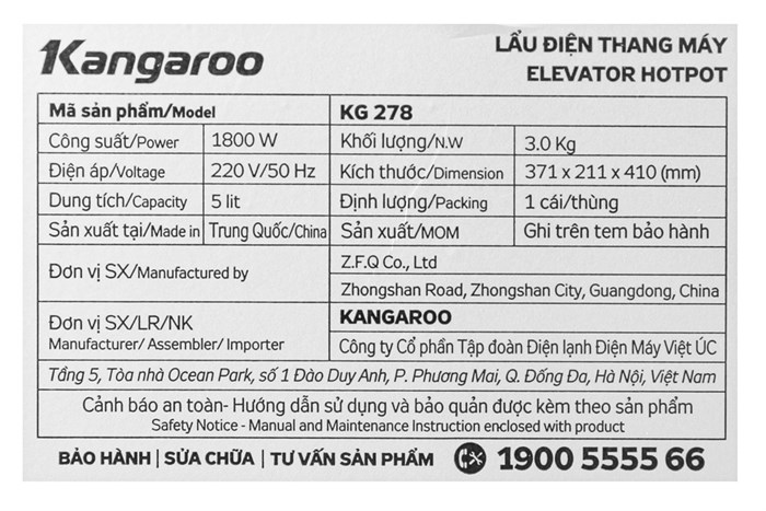 Nồi lẩu thang máy Kangaroo KG278 5 lít Màu Đen - Đỏ