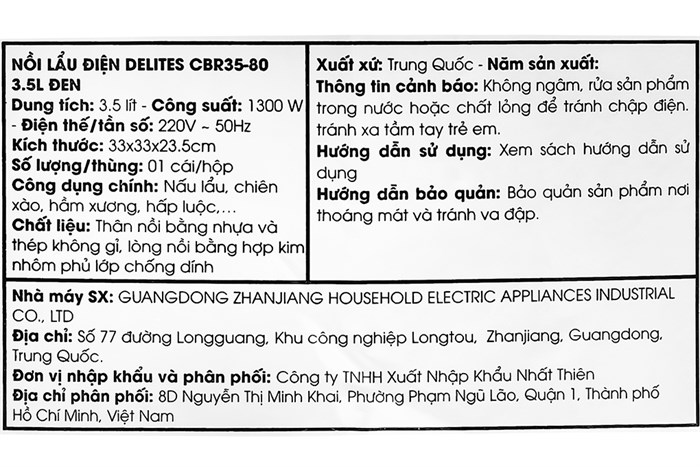 Nồi lẩu điện Delites CBR35-80 3.5 lít Màu Đen
