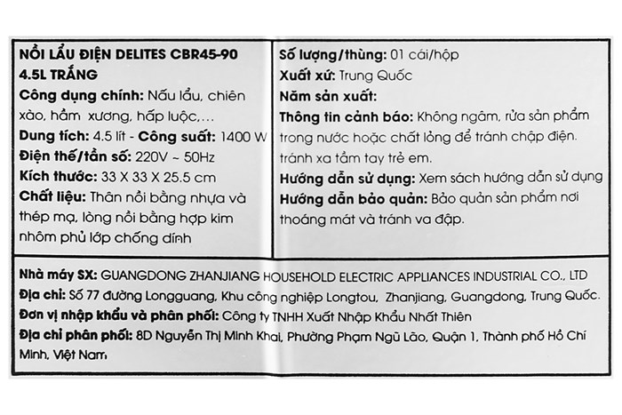 Nồi lẩu điện Delites CBR45-90 4.5 lít Màu Trắng