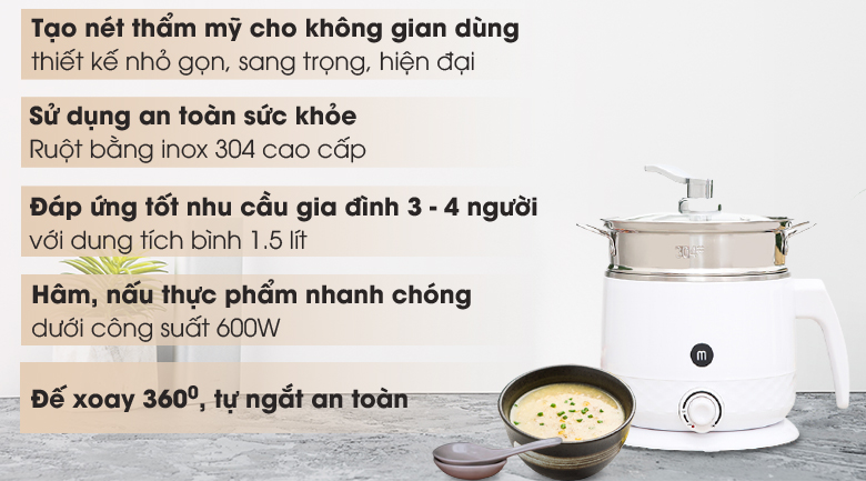 Ca nấu đa năng mini Mishio MK-214 xám 1.5 lít - 2