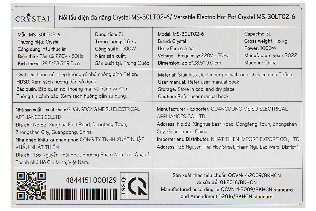 Nồi lẩu điện Crystal MS-30LT02-6 3 lít - 10