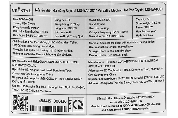 Nồi lẩu điện Crystal MS-EA4001 5 lít Màu Trắng - Kem