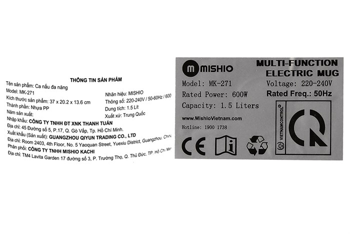 Ca nấu đa năng Mishio MK-271 1.5 lít trắng Màu Trắng