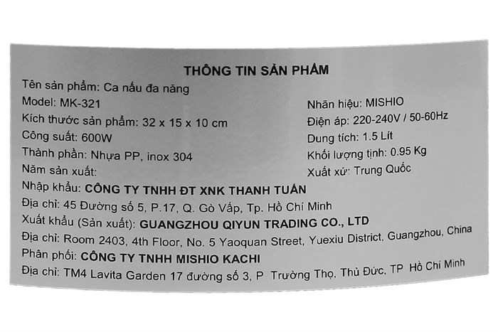 Ca nấu đa năng Mishio MK-321 1.5 lít Màu Đen