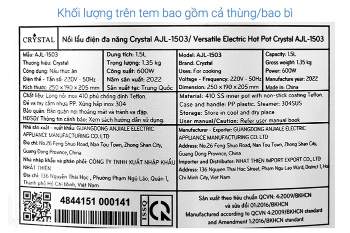 Nồi lẩu điện Crystal AJL-1503 1.5 lít Màu Trắng