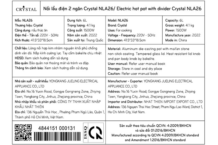 Nồi lẩu điện 2 ngăn Crystal NLA26 6 lít Màu Xanh đen