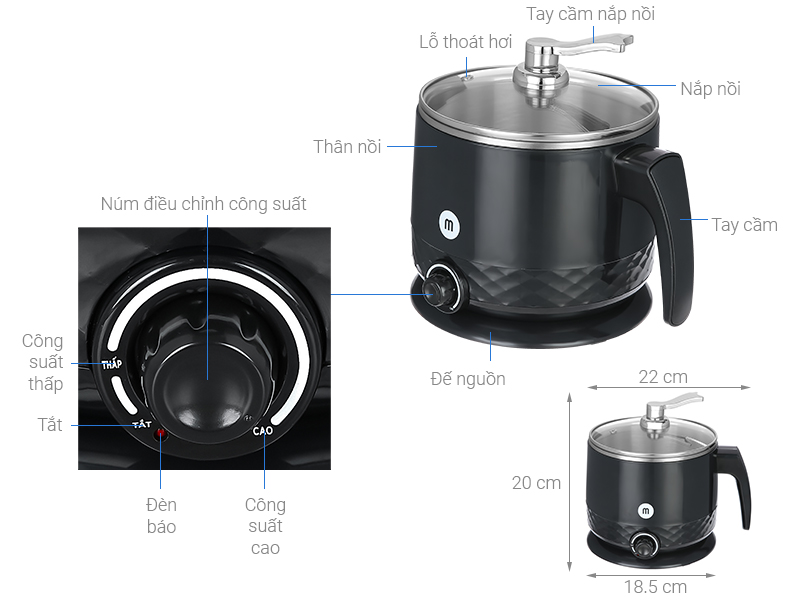 Ca nấu đa năng Mishio MK214 đen 1.5 lít
