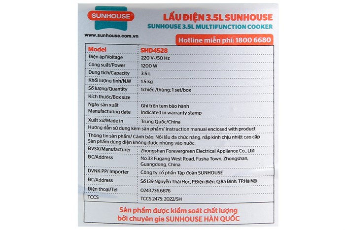 Nồi lẩu điện Sunhouse SHD4528 3.5 lít Màu Xanh dương nhạt