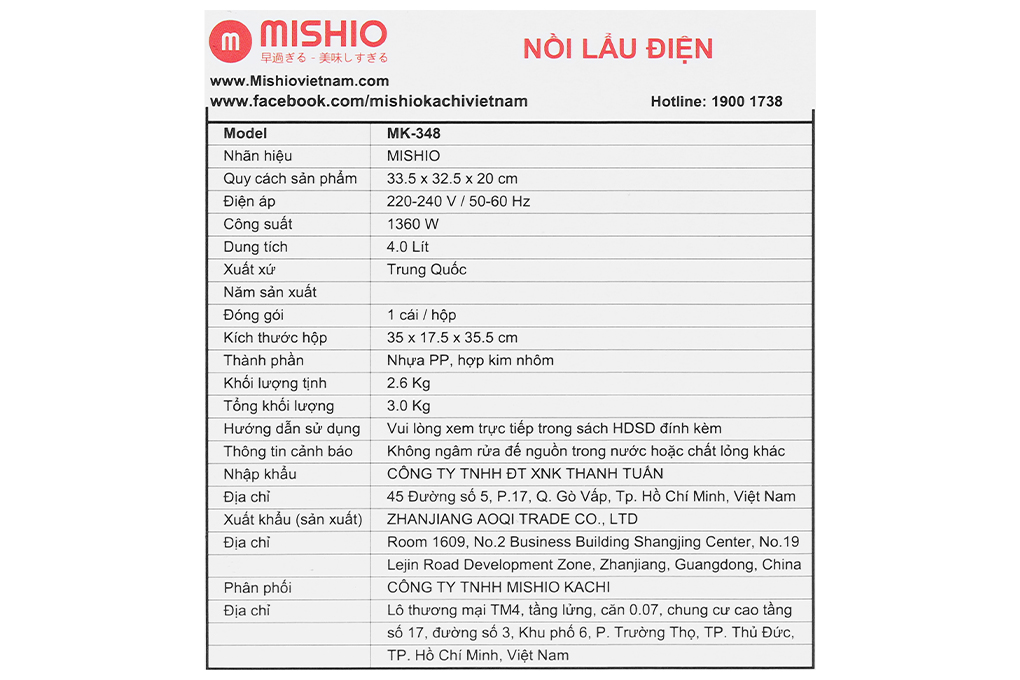 Nồi lẩu điện Mishio MK-348 4 lít Màu Đỏ