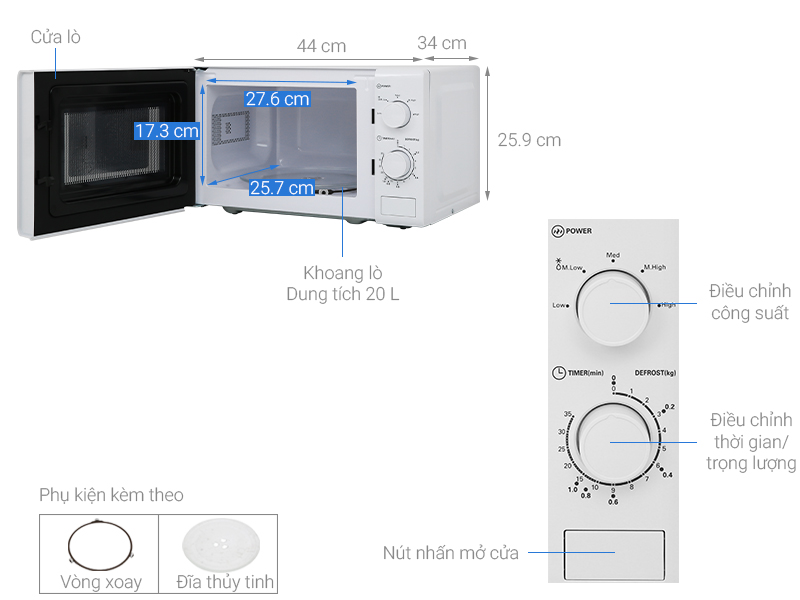 Thông số kỹ thuật Lò vi sóng Midea MO-MM2019B 20 lít
