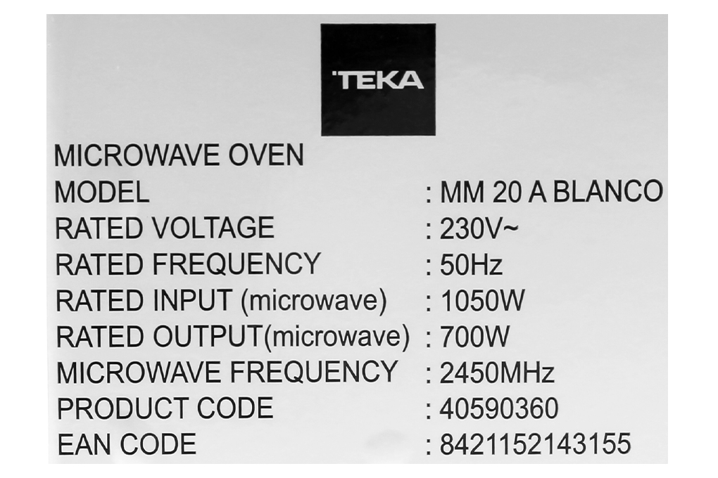 Lò vi sóng TEKA MM 20 A BLANCO 20 lít Màu Bạc
