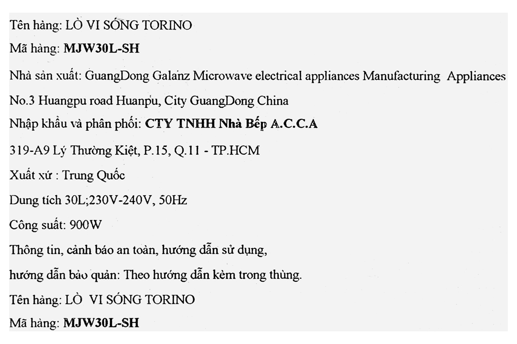 Lò vi sóng Torino MJW30L-SH 30 lít