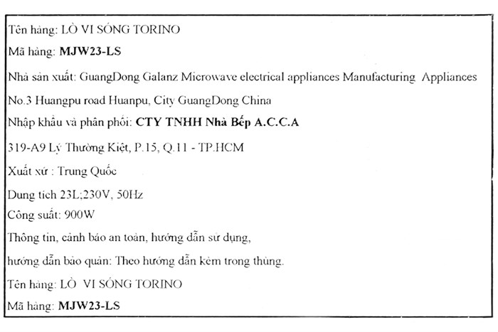 Lò vi sóng Torino MJW23-LS 23 lít