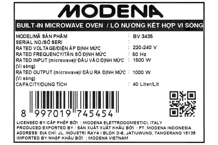Lò vi sóng lắp âm Modena BV3435 40 lít Màu Xám