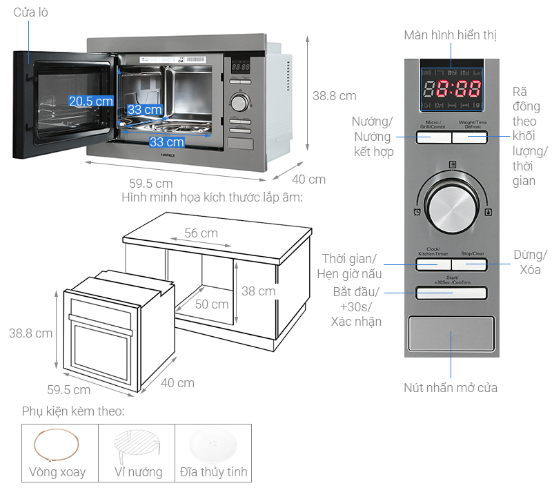 Lò vi sóng có nướng lắp âm Hafele HM-B38D (538.31.200) 25 lít