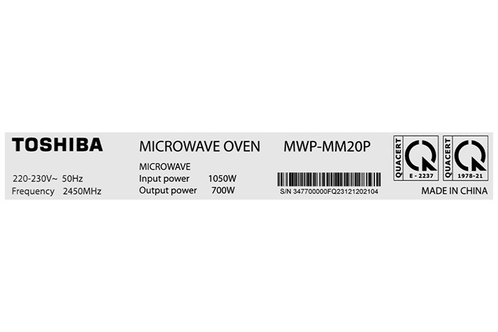 Lò vi sóng Toshiba MWP-MM20P(BK) 20 lít Màu Đen