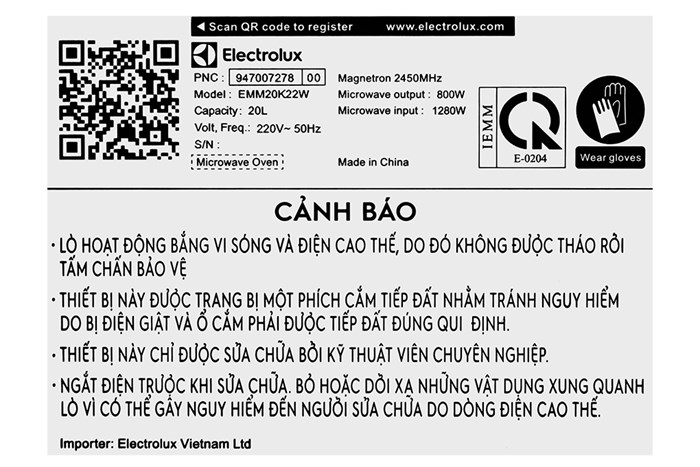 Lò vi sóng Electrolux EMM20K22W 20 lít Màu Trắng