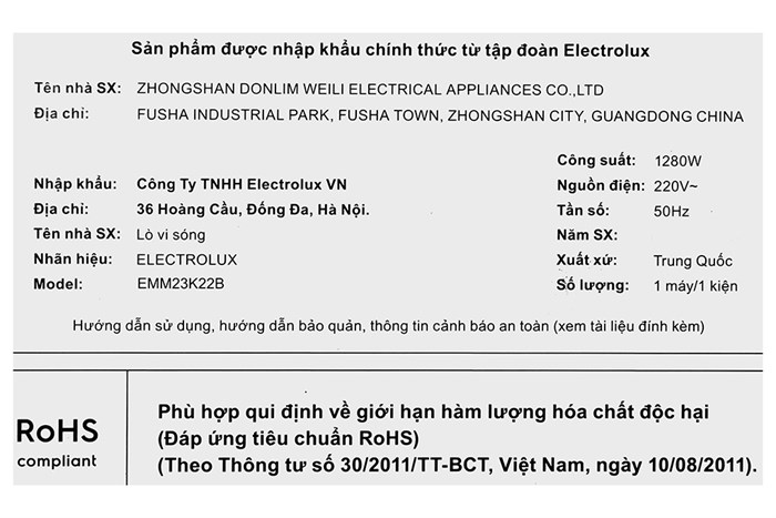 Lò vi sóng Electrolux EMM23K22B 23 lít Màu Đen