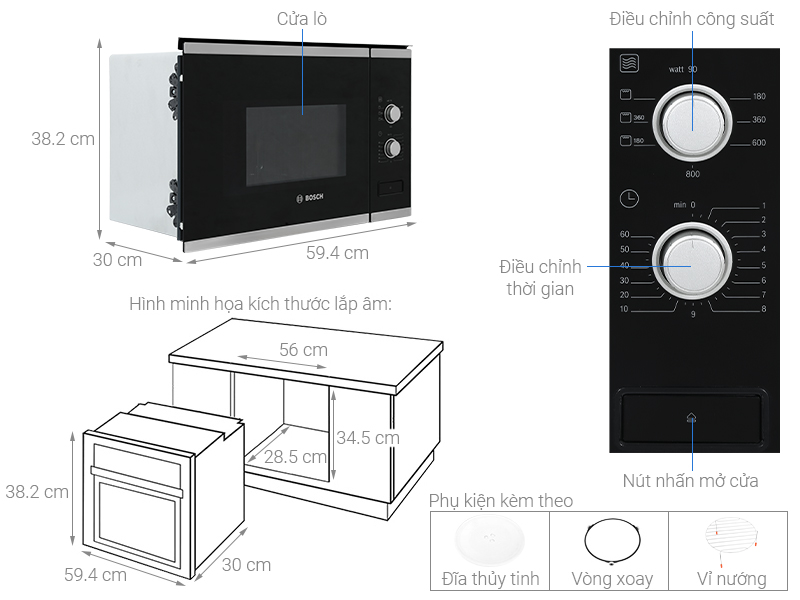 Lò vi sóng có nướng lắp âm Bosch BEL520MS0K 20 lít