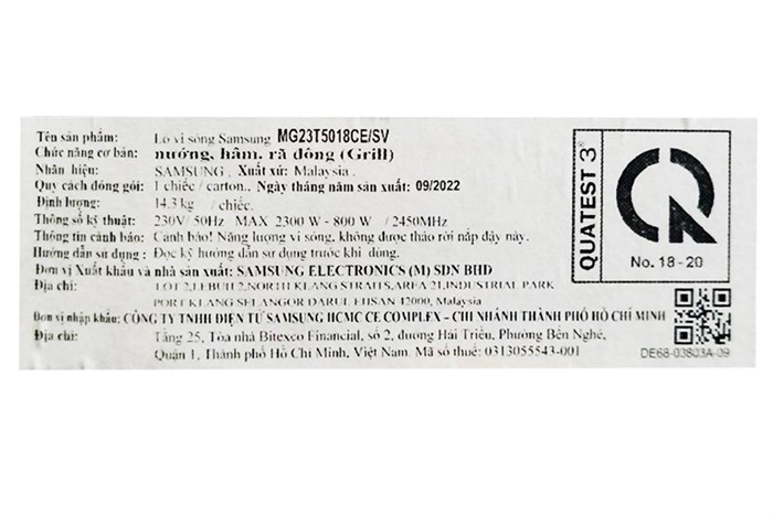 Lò vi sóng có nướng Samsung MG23T5018CE/SV 23 lít Màu Trắng