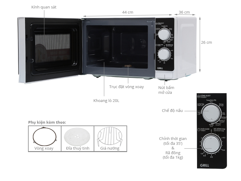 Thông số kỹ thuật Lò vi sóng Sharp R-G221VN-W 20 lít