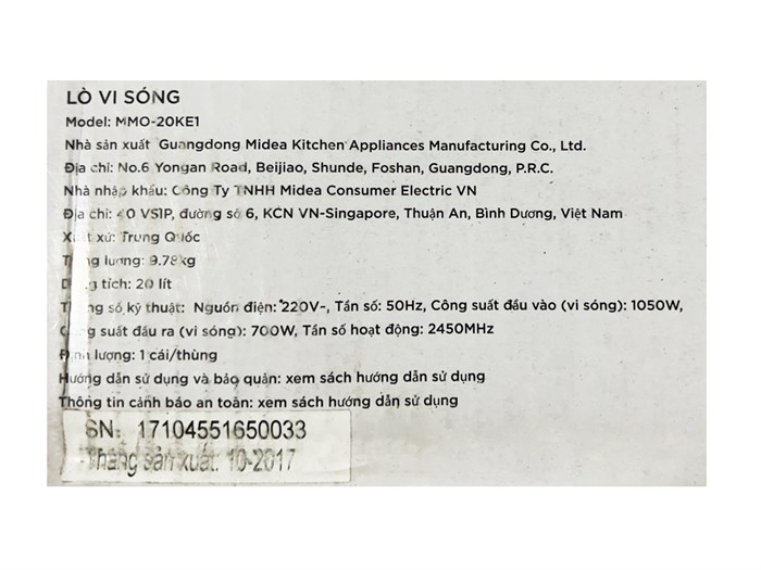 Lò vi sóng Midea MMO-20KE1 20 lít Màu Trắng