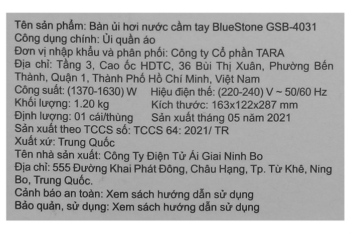Bàn ủi hơi nước cầm tay BlueStone GSB-4031 1630W Màu Trắng