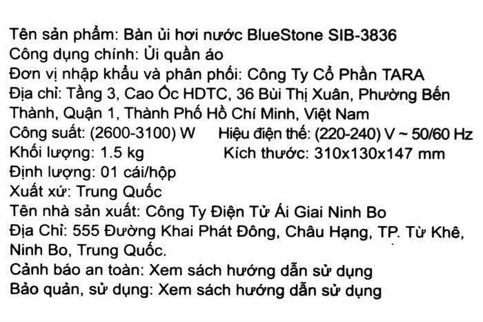 Bàn ủi hơi nước BlueStone SIB-3836 3100W Màu Xám