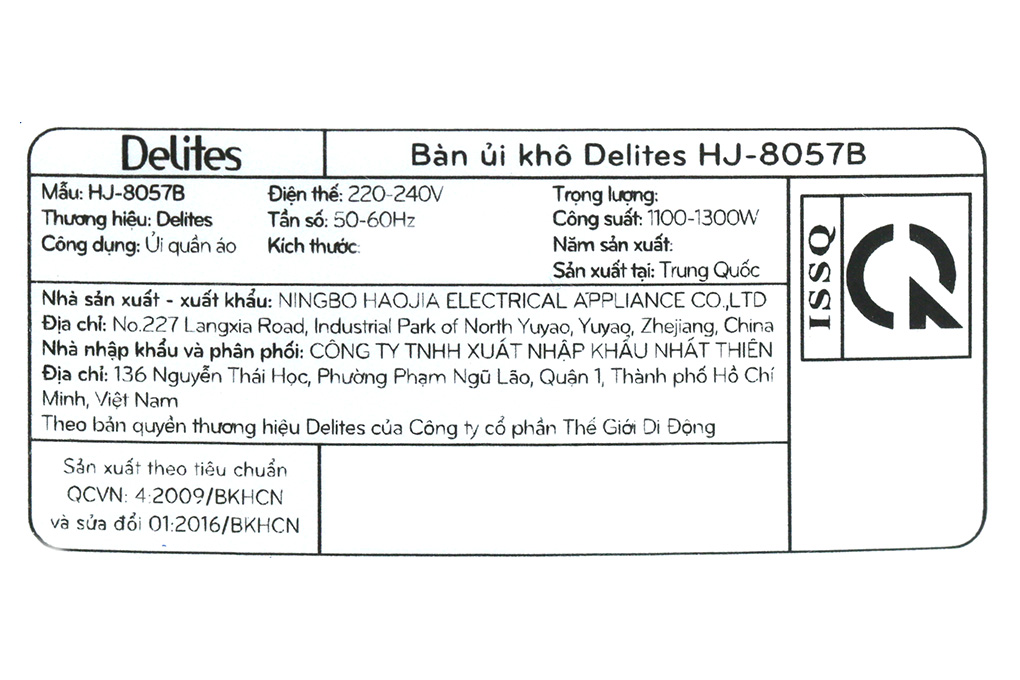 Bàn ủi khô Delites HJ-8057B 1300W Màu Trắng - Xanh