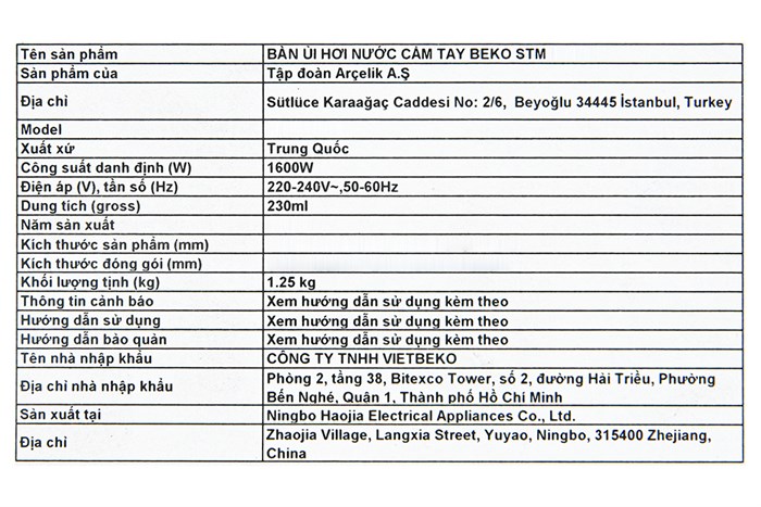 Bàn ủi hơi nước cầm tay Beko STM4116B 1600W Màu Đen