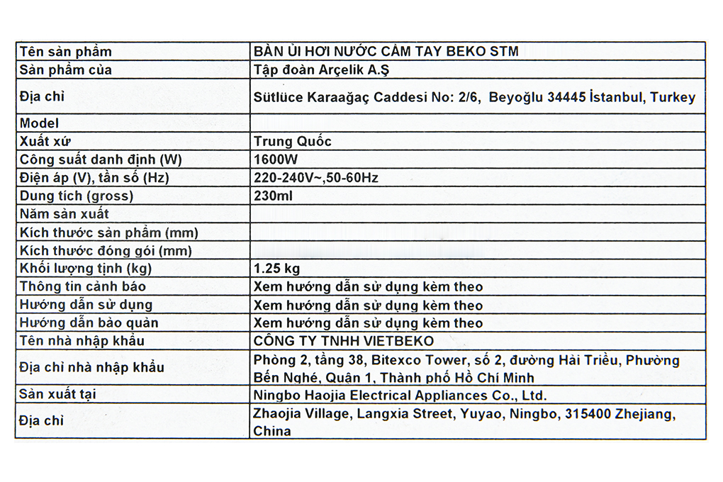 Bàn ủi hơi nước cầm tay Beko STM4116B 1600W Màu Đen