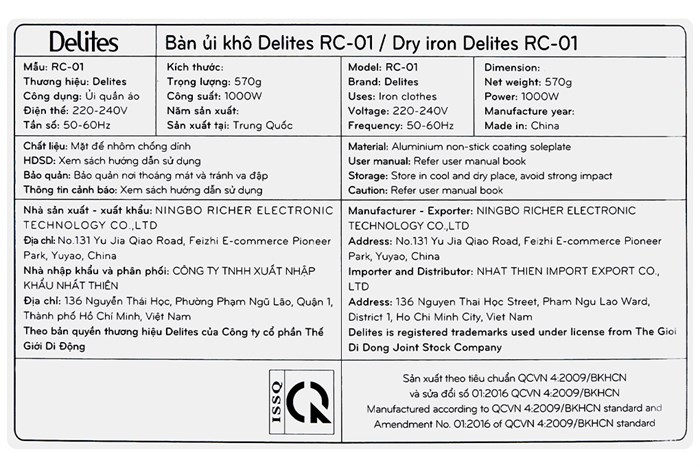 Bàn ủi khô Delites RC-01 1000W Màu Trắng - Đỏ