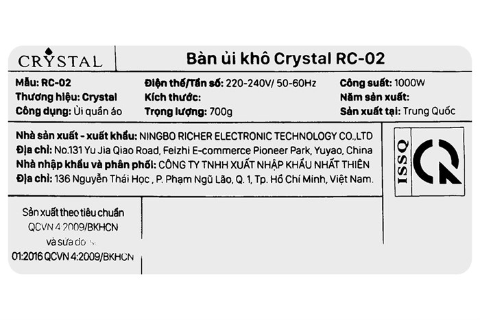 Bàn ủi khô Crystal RC-02 1000W Màu Trắng - Xanh