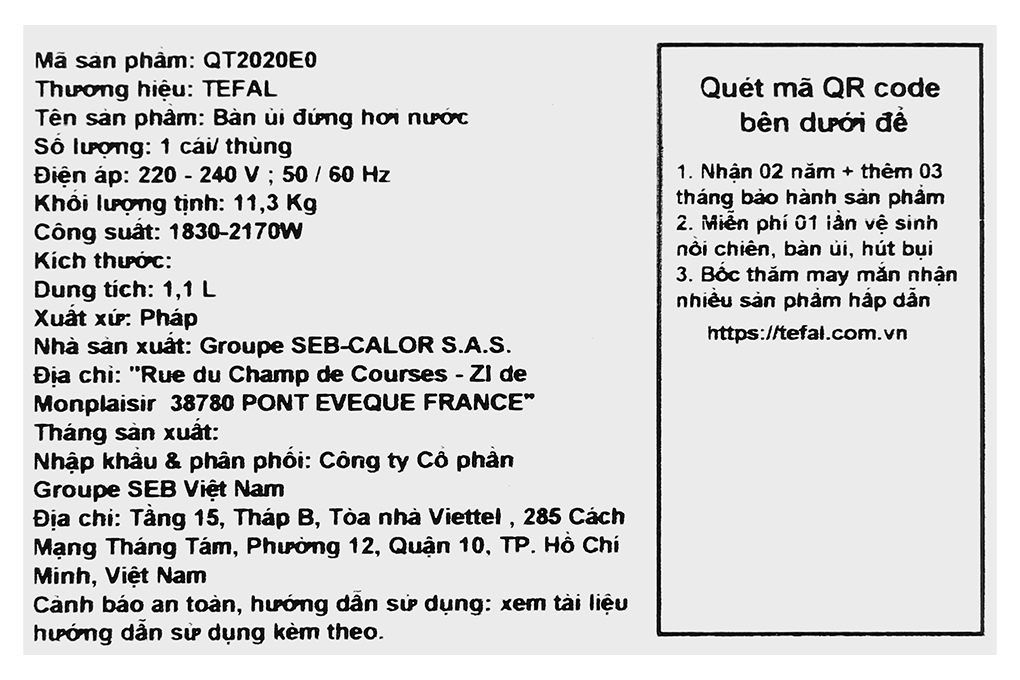 Bàn ủi hơi nước đứng Tefal IXEO Power QT2020E0 2170W Màu Đen